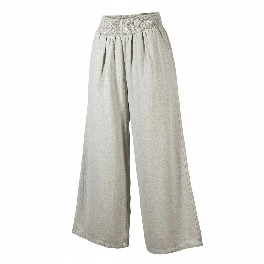 UEU Womens Beige Linen Blend Wide Leg Smocked High Waist Palazzo Pants Size M